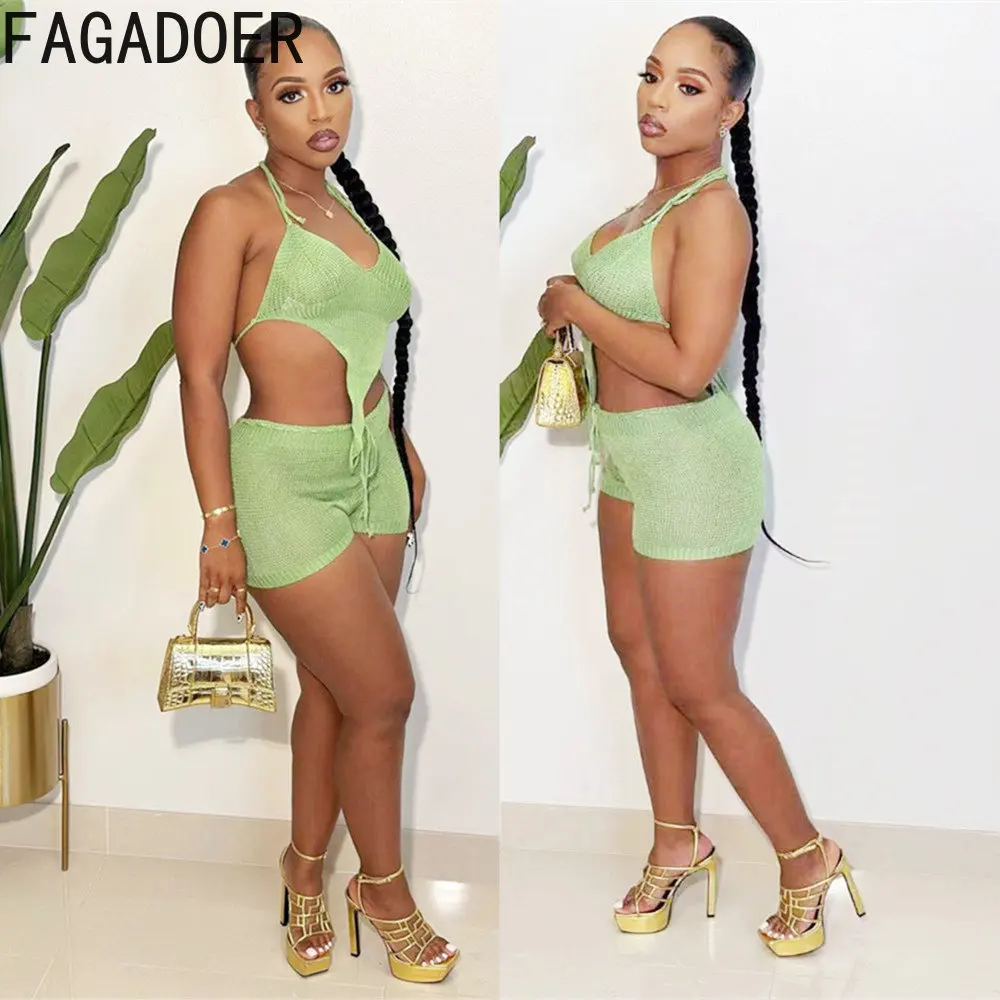 

FAGADOER Sexy Knitting Lace Up Two Piece Sets Women Halter Backless Crop Top And Shorts Outfits Summer Nightclub Party Clothing