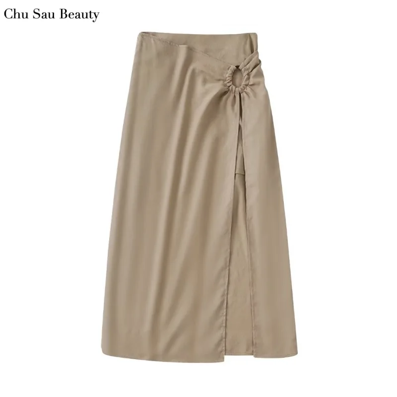 

2022 New Za Women High Waist Linen Sarong Dress Fashion Sexy Irregular Side Slit Hem Casual Holiday Street Style