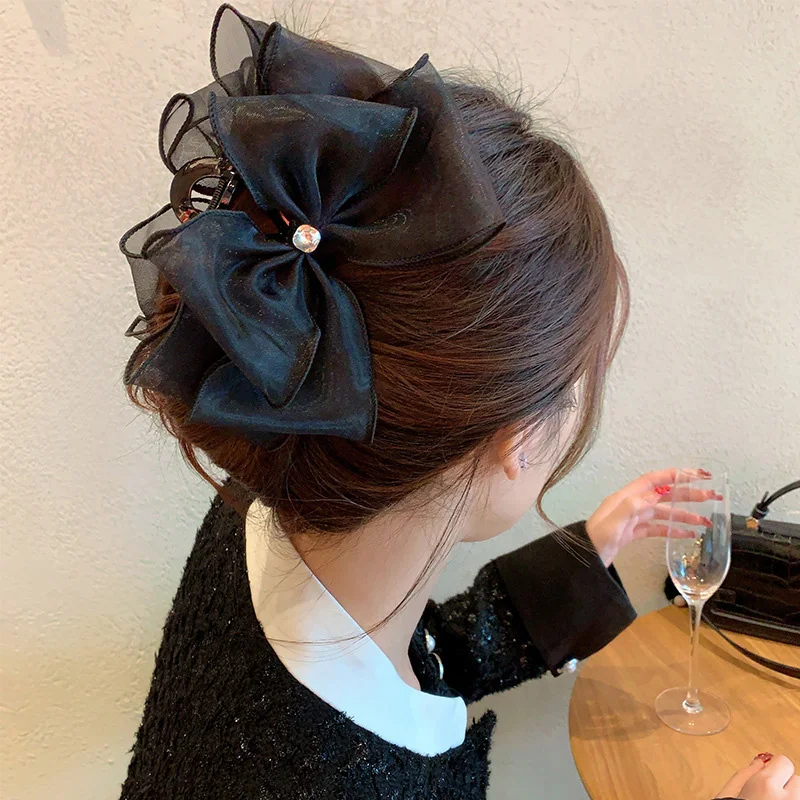 

Korea Sweet Mesh Tulle Big Bow Hair Claw Clips For Women Black Bowknot Hair Clamp Hairpin Headdress Accessories Shark Clip 2023