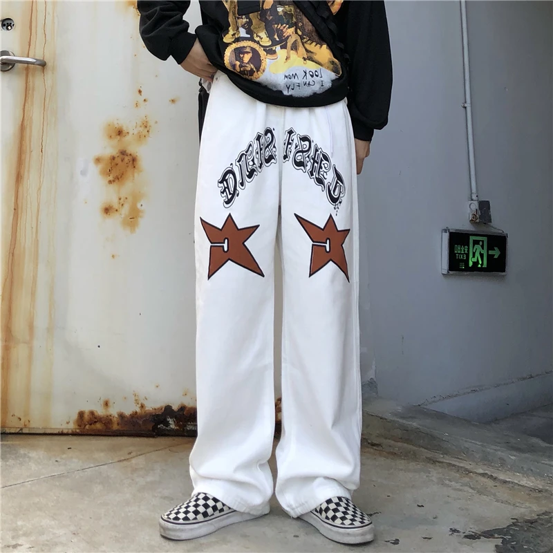 

High Street Tide Brand Washed Jeans Men's and Women's Hip-Hop Print Loose Straight Casual Daddy Trousers Tide Pants Women