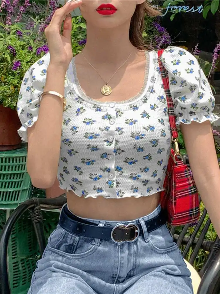 

Женские летние короткие топы 2022, модные праздничные футболки ZANZEA с цветочным принтом и круглым вырезом, повседневные трикотажные рубашки б...