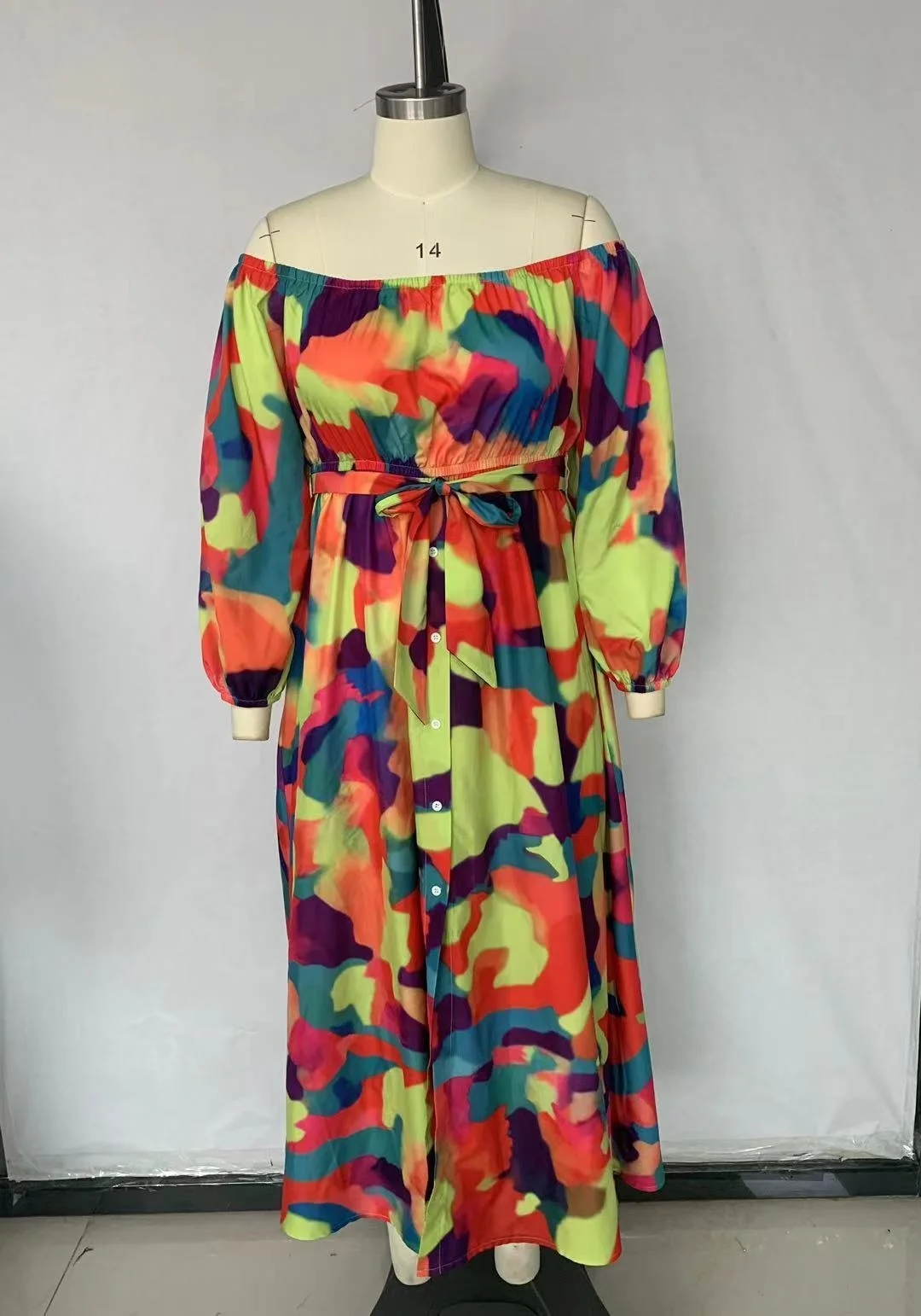 Plus Size Large Women's Dress New Slash Neck Oversize Dress Temperament Print Fashion Button Loose Swing Long Sleeve Dresses
