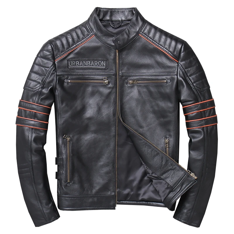 

Черная Осенняя кожаная куртка для мужчин, мотоциклетное приталенное короткое пальто из натуральной воловьей кожи с вышивкой черепа