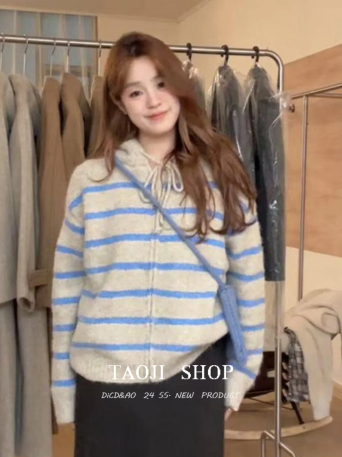 Korean Series Idle Sle Contrast Color Stripe Hood Long sleeve Sweater Outerwear Women Autumn and Winter New Loose Thick Kni...