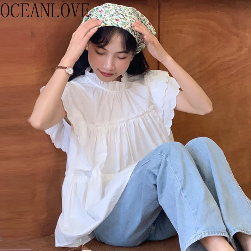 

Blusas Mujer Stand Collar Rules Sweet Summer Korean Chic ashion Women Blouses Loose Vintage lying Sleeve Shirts