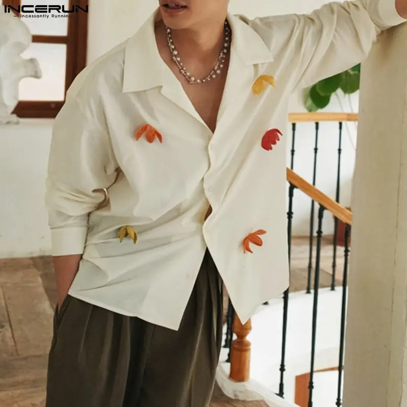

Men Shirt Flower Patchwork Lapel Long Sleeve Streetwear 2023 Loose Men Clothing Korean Style Fashion Causal Shirts S-5XL INCERUN