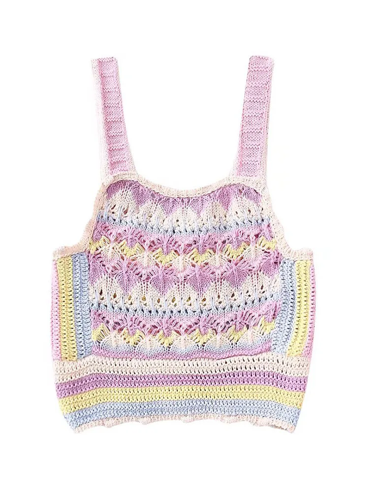 

YLJHQX 2022 Women Summer New Fashion Textured Knit Top Casual Wide Straps Square Neck Backless Female Vest Chic Cropped Top