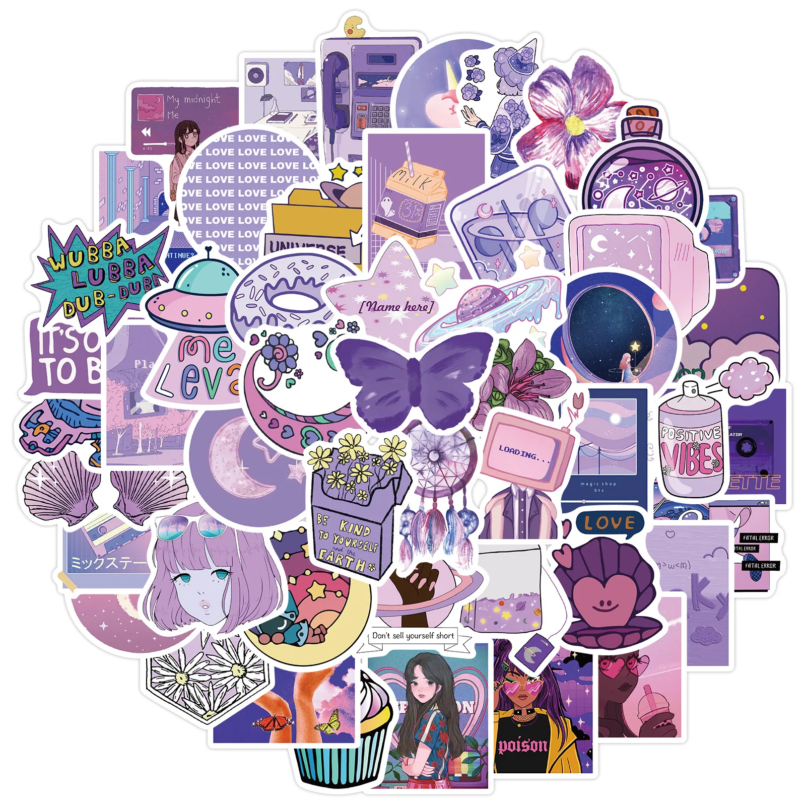 

50pcs Anime Cartoon Fantasy Cute Purple Wind Graffiti Waterproof Sticker Decoration DIY Locomotive Luggage Laptop Water Cup