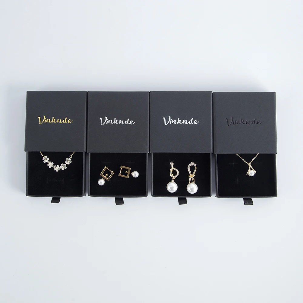 50 Custom Logo Cardboard Jewelry Necklace Drawing Gift Box Package Slide Drawer Paper Box with Black Foam for Jewelry Packaging