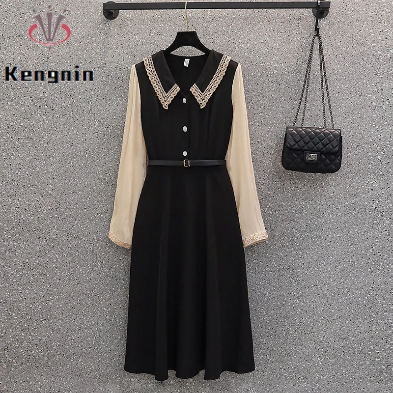 

Plus Size 4XL Women's Clothing for 2023 Autumn Winter Loose Lady Vestidos Patchwork Black Dresses Casual Female Robe KE3632