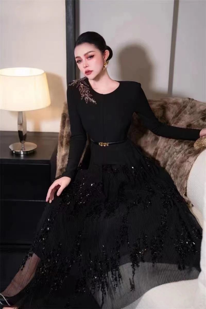 Женское длинное платье с блестками SEQINYY элегантное модельное сеткой и бусинами