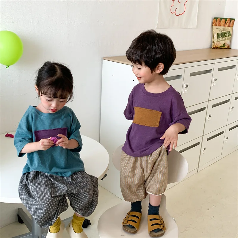 

Unisex Summer Cotton Linen Patch Short Sleeve T Shirts Children Cool Loose 3 Colors Tees