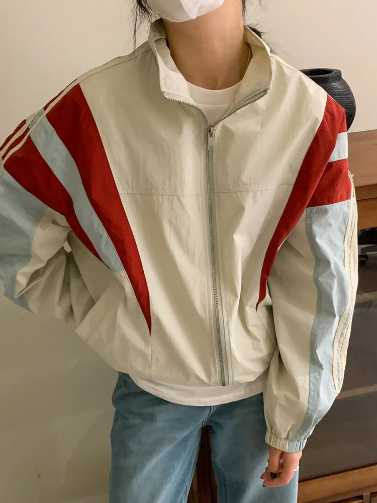 

Vintage Patchwork Striped Bomber Jacket Women Korean Y2K Oversize Zipper Windbreaker Jackets Harajuku Retro Coat Outfits