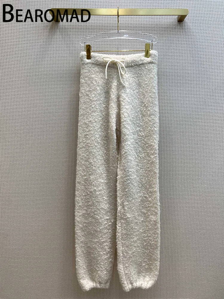 

Bearomad Spring Autumn Fashion Runway Vintage Solid knitting Cashmere Trousers Women's Drawstring Elastic Waist Slim Bloomers