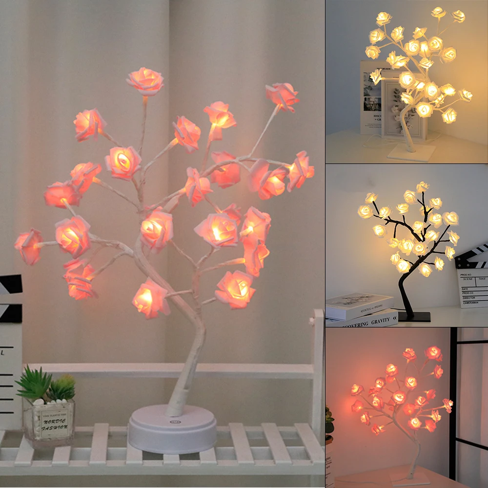 

USB Battery Operated LED Table Lamp Rose Flower Bonsai Trees Night Lights Garland Bedroom Decoration Christmas Lights Home Decor