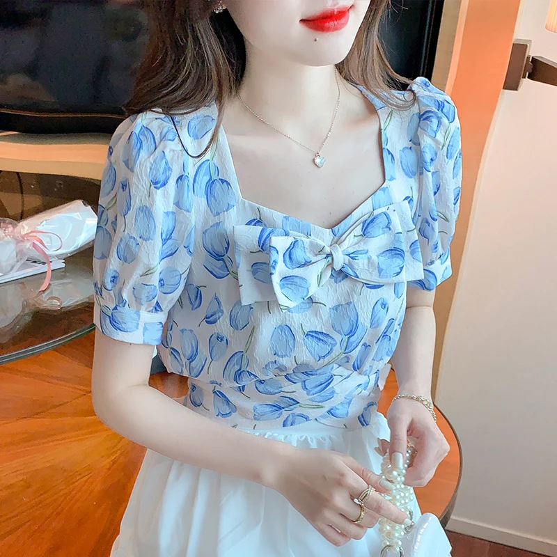 

COIGARSAM Blouse Women Summer Short Sleeve Floral Print Bow Square Collar High Waist Blusas Womens Tops And Blouses Dropshipping