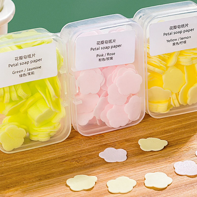 

100pcs Flower Soap Paper Portable Traveling Soap Washing Hand Bath Cleaning Scented Slice Sheet Foaming Paper Soap Paper 5 Color