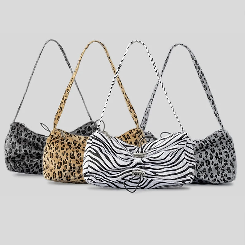 

Vintage Leopard Women Shoulder Bas Drawsting Zebra-Stripe Lady Handbags Casual Soft Plush Armpit Bag Casual Female Small Purses