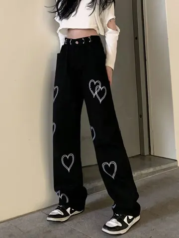 Printed Love Jeans Women Pants Fashion Harajuku High Waist Loose Straight Leg Trousers 2023 Spring Casual Lady Hip Hop Pants