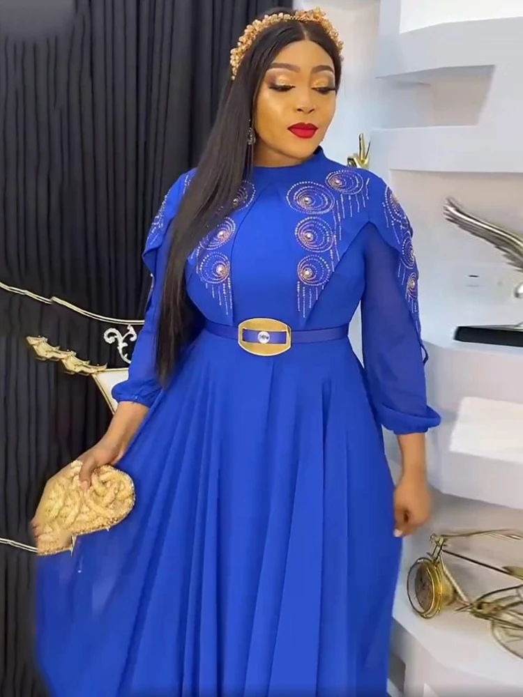 

African Diamonds Party Dresses For Women 2022 Summer Autumn Chiffon Long Dress Evening Gown Muslim Kaftan Abayas Boubou Outfit