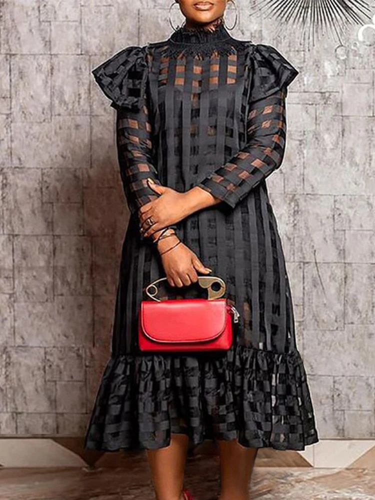 

Women Long Black Dress Cover See Though Plaid Oversized Maxi Dresses Long Sleeve Summer Fall Fashion Street Party Club Robes New