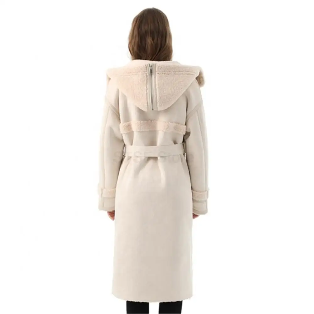 Women Winter Hooded Real Suede Fur Coat Turn Down Collar Double Breasted Long Pocket Coat Casual Designer Women Belted Jacket