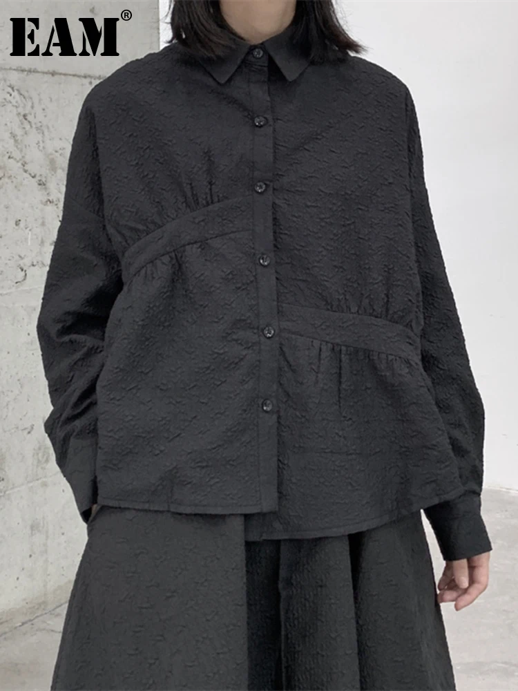 

[EAM] Women Black Pleated Big Size Thick Blouse New Lapel Long Sleeve Loose Fit Shirt Fashion Tide Spring Autumn 2023 1DF2452