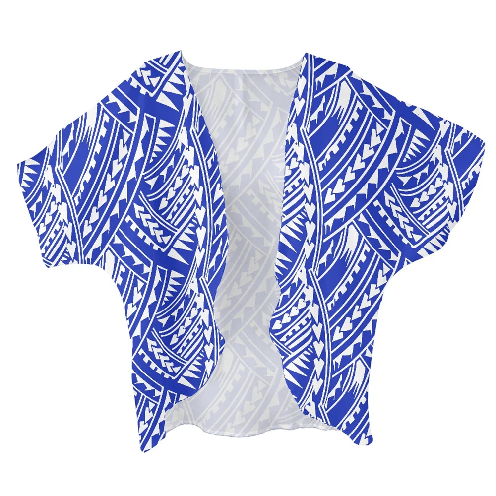 

Lady Chiffon Cardigans Blouse Polynesian Tribal Hawaii Blue Color Print Custom Women Fashion Casual Shirts Trench Coat Females