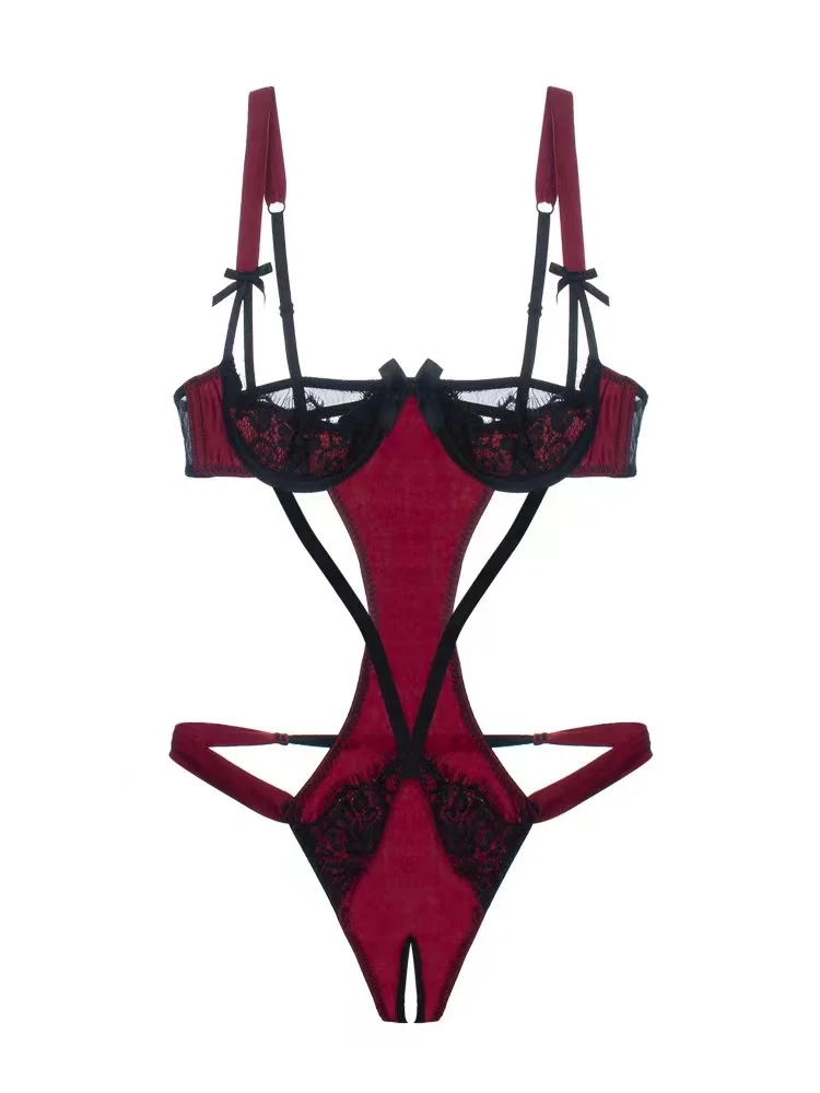 Sexy bra and panty set beauty eyelashes lace one-piece pajamas women's court bralette suit with steel ring small chest gathered