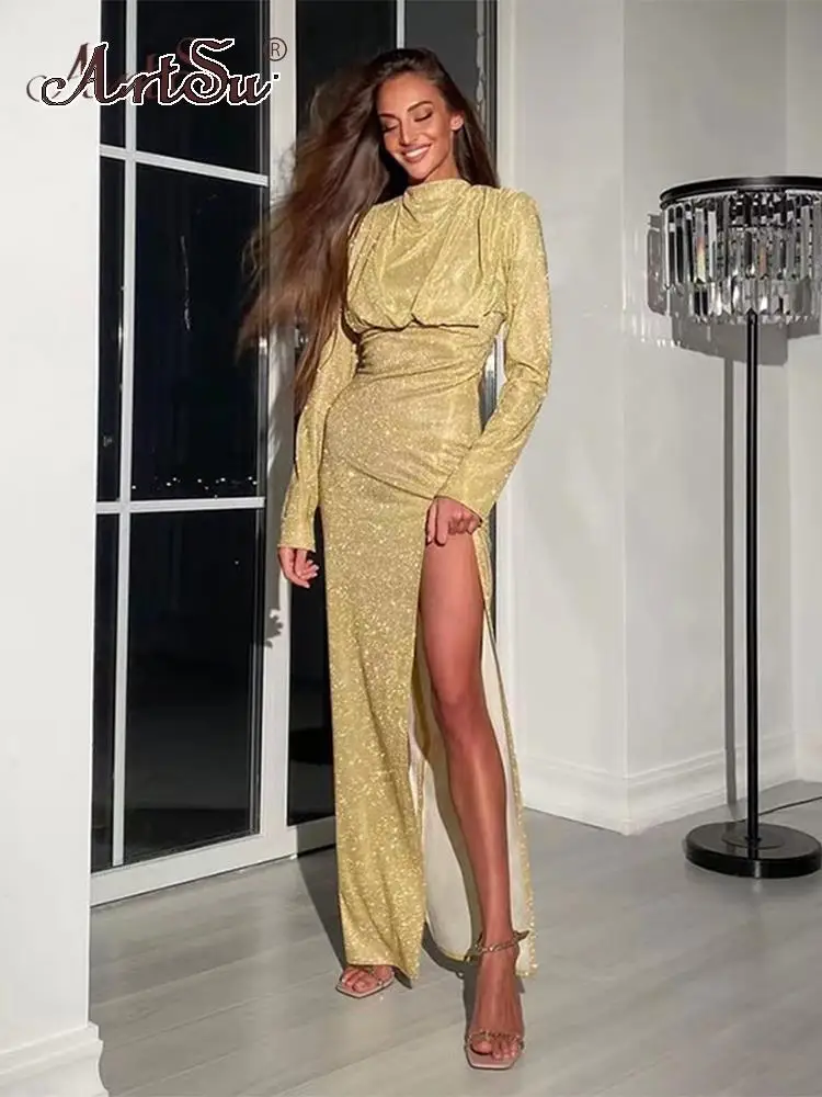 

ArtSu Shiny Elegant Maxi Dress Bronzing Full Sleeve Back Hollow Out Side Split Slim Robe Lady Hipster Evening Dresse