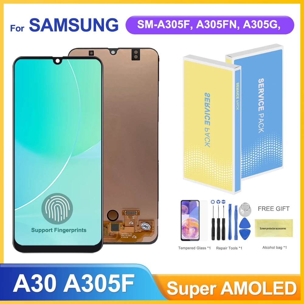 

Дисплей Super AMOLED A30 со сканером отпечатков пальцев для Samsung Galaxy A30 A305 A305F, ЖК-дисплей, экран с дигитайзером в сборе с рамкой
