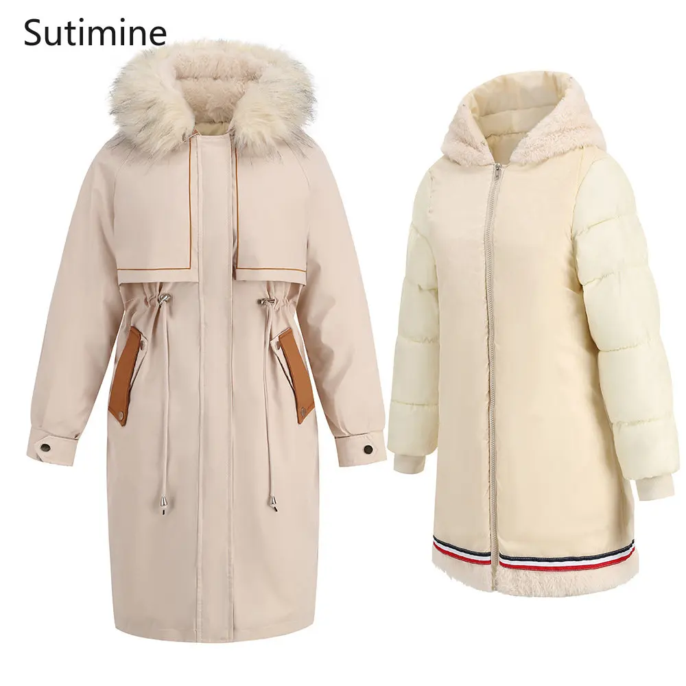 Black Winter Coat for Women England Style Parkas Thermal Coat Fur Collar Clip Down Two-piece Set Women's Winter Jacket