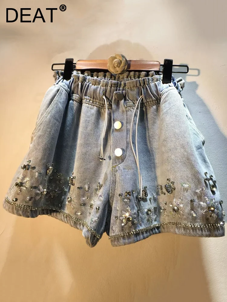 

DEAT Women's Denim Shorts Diamond Studded Beads Drawstring High Waist Loose Wide Leg Short Jeans 2023 Summer New Fashion 29L114