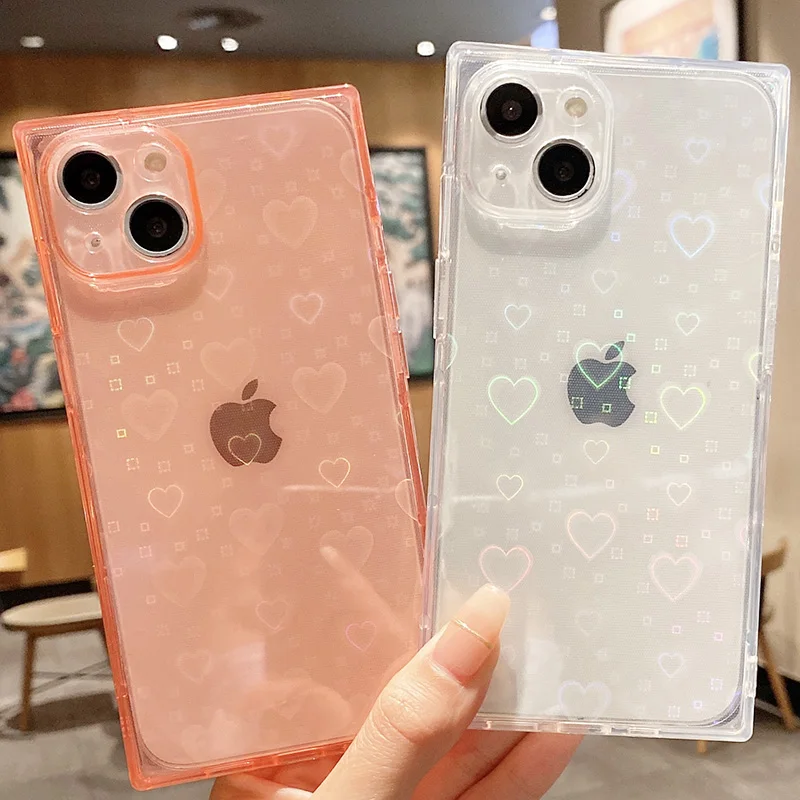 

Square Clear Laser Glitter Love Heart Phone Case For iphone 12 11 Pro Max XR X XS 7 8 Plus 13 SE2020 Soft Silicone Cover Capa