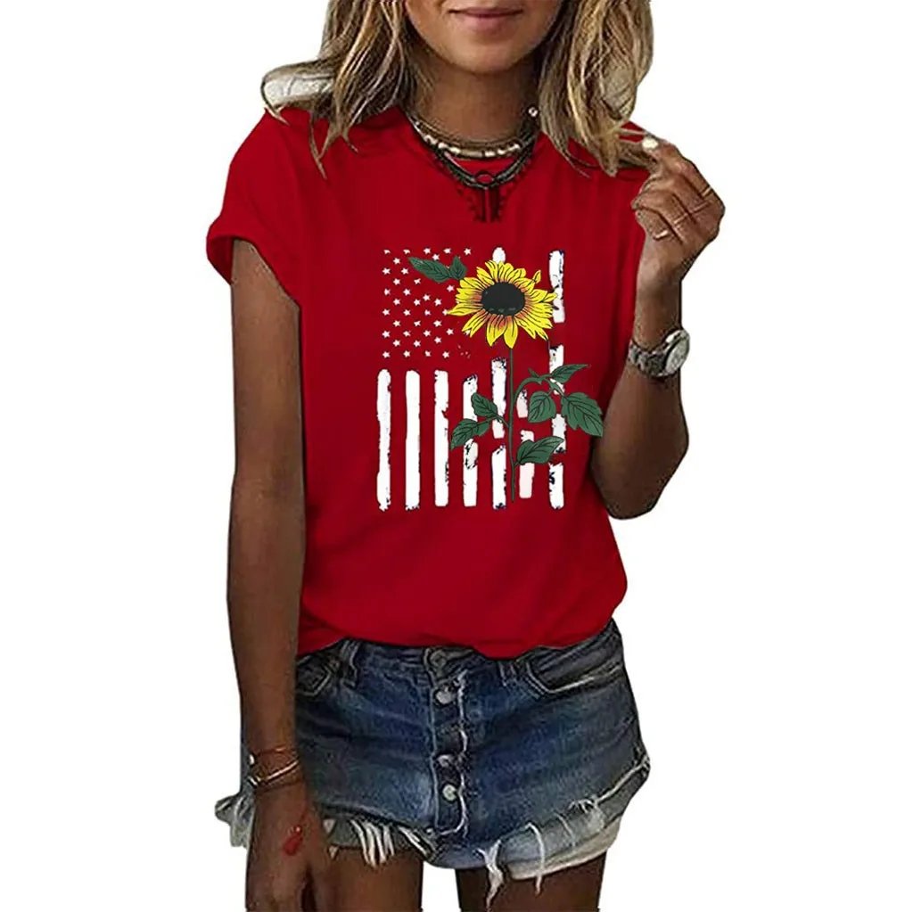 

Casual Blouse Tunic Women Summer Shirt Printing Sleeve Tops Sunflower Short Women's Blouse Sky Blouse Puff Sleeve Tops Women
