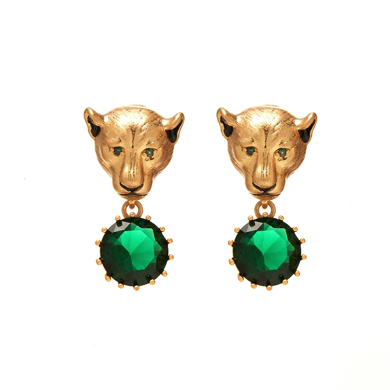 

Fraya 2023 New Vintage Lion Head Earrings for Women Green Gemstone Pendant S925 Silver Needle 18K Gold Plated Fashion Jewelry