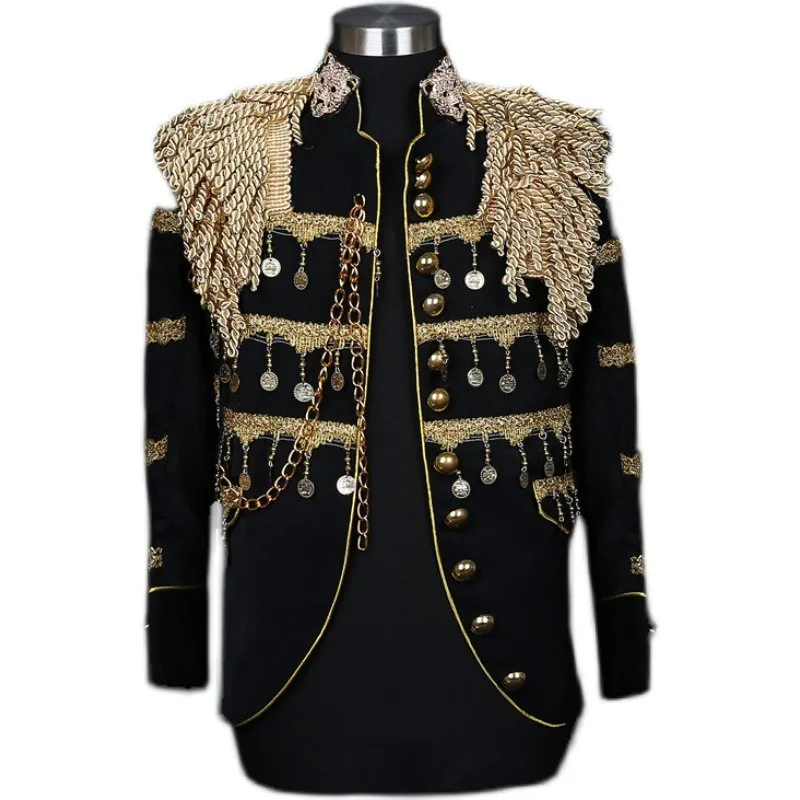 

Mens Stylish Court Prince Tassel Embellished Blazer Gold Embroidery Suit Jacket Prom Show Suits Blazers DJ Stage Singer Costumes