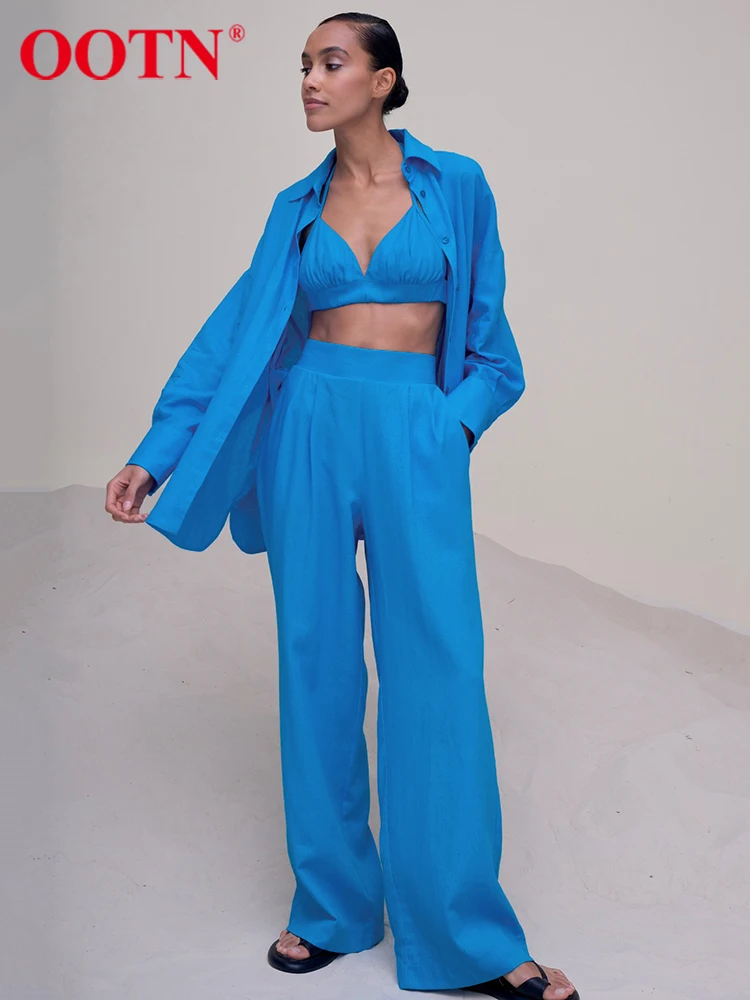 

OOTN High Street 3 Pieces Sets Spring Cotton Linen Lapel Shirts Halter Camisole Elastic Waist Straight Pants Women Suits Casual
