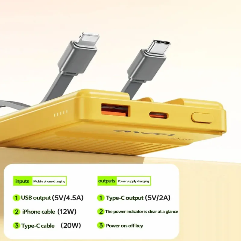 Awei P88K портативный внешний аккумулятор 10000 мАч с 2 зарядными кабелями для iPhone 15 14 pro