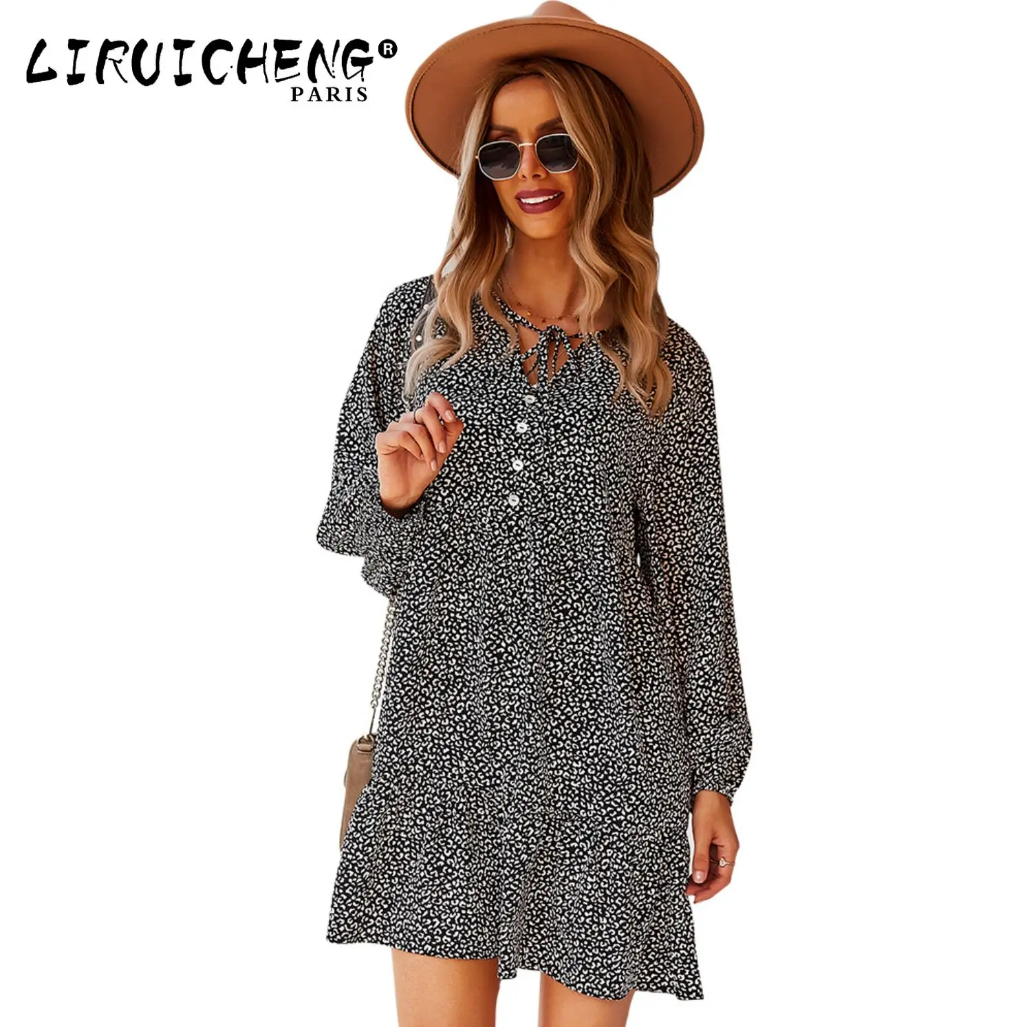 

2023 Women's Wear Fashion Fall/Winter Leopard Print Long Sleeve Sexy Loose A-line Dress
