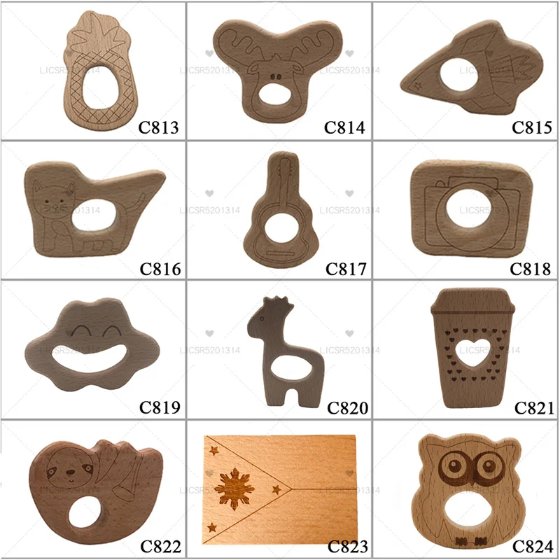 New 2023 Beech Wooden Animal Natural Handmade Wooden Teether DIY Wood Personalized Pendent Eco-Friendly Safe Baby Teether Toys