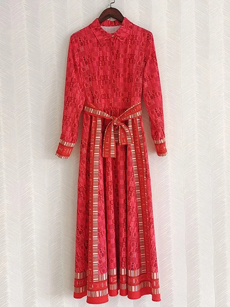 

Женское винтажное офисное платье, Элегантное Длинное Красное однобортное платье с длинным рукавом, поясом и надписью, весна-осень 2022