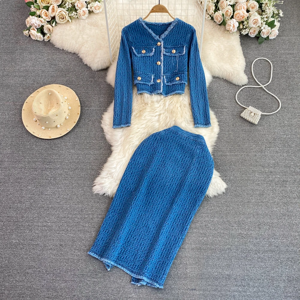 

Модный костюм в стиле ретро с длинными рукавами, джинсовый пиджак с V-образным вырезом и бахромой + юбка с разрезом сзади и высокой талией, комплект из двух предметов