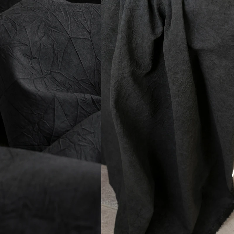 

Fabric Width 140cmx50cm Black Cotton Matte Uneven Texture Crepe Pleated Medium Thick DIY Coat Shirt Dress Spring Autumn Clothing