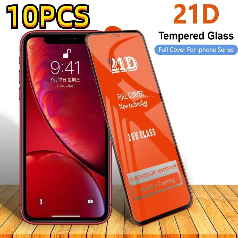 

10PCS 21D Tempered Glass Full Coverage Curved Screen Protector Film For iPhone 11 12 13 14 15 Pro Max 7 8 plus x xr xs max