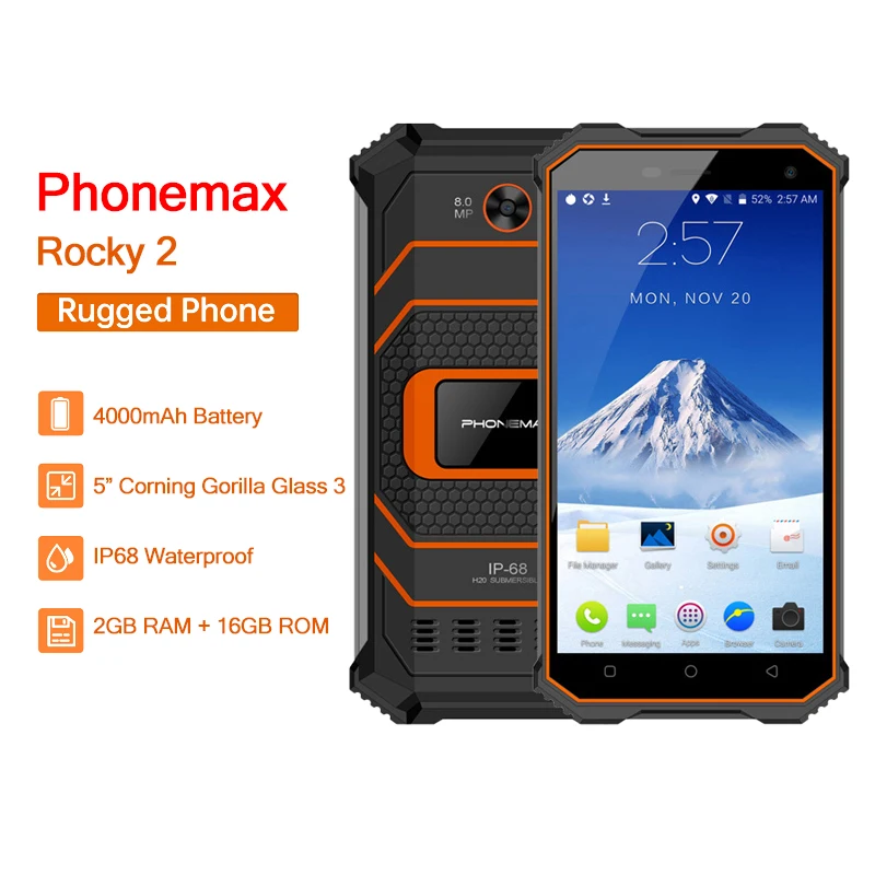 Phonemax Rocky 2 2GB RAM 16GB ROM Rugged Smartphone 4G LTE 5 GPS A-GPS IP68 Quad Core 8MP Camera 4000MAH Outdoor Phone