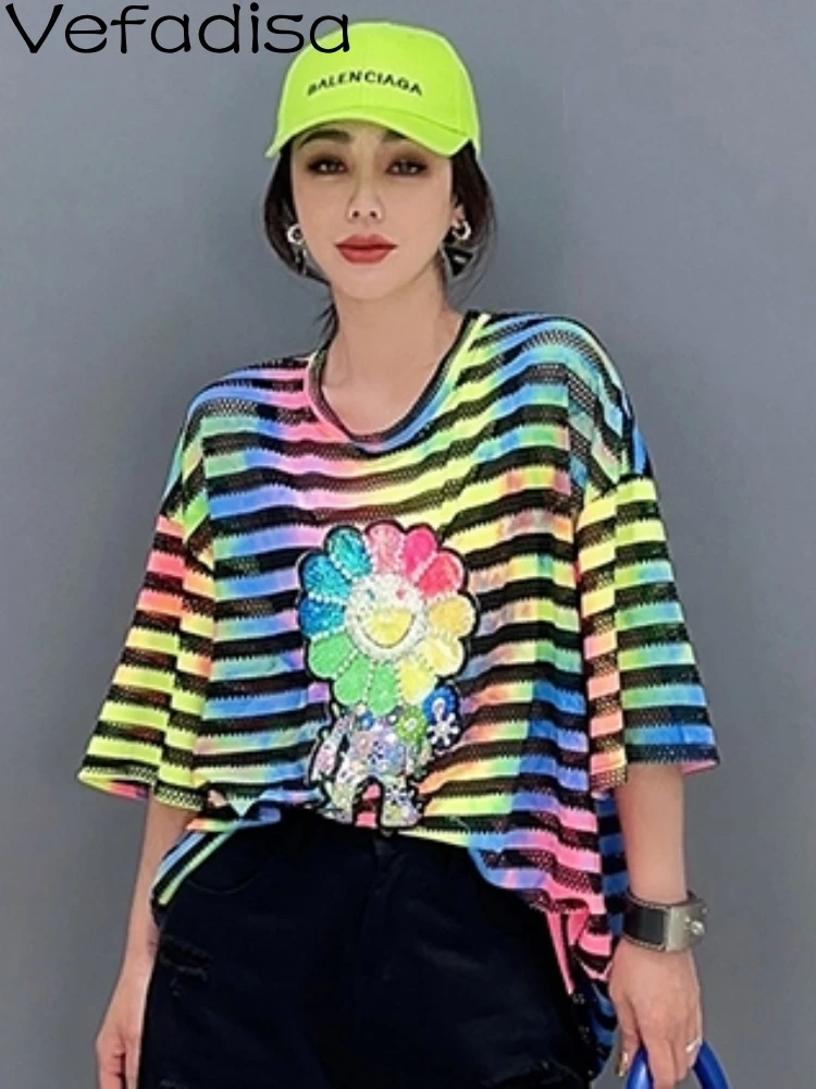 

Vefadisa2023 Summer Women Loose Colorful Stripes T-shirt Casual Print Fashion Personalized Trendy Girl Rainbow Flower Top ZY1641