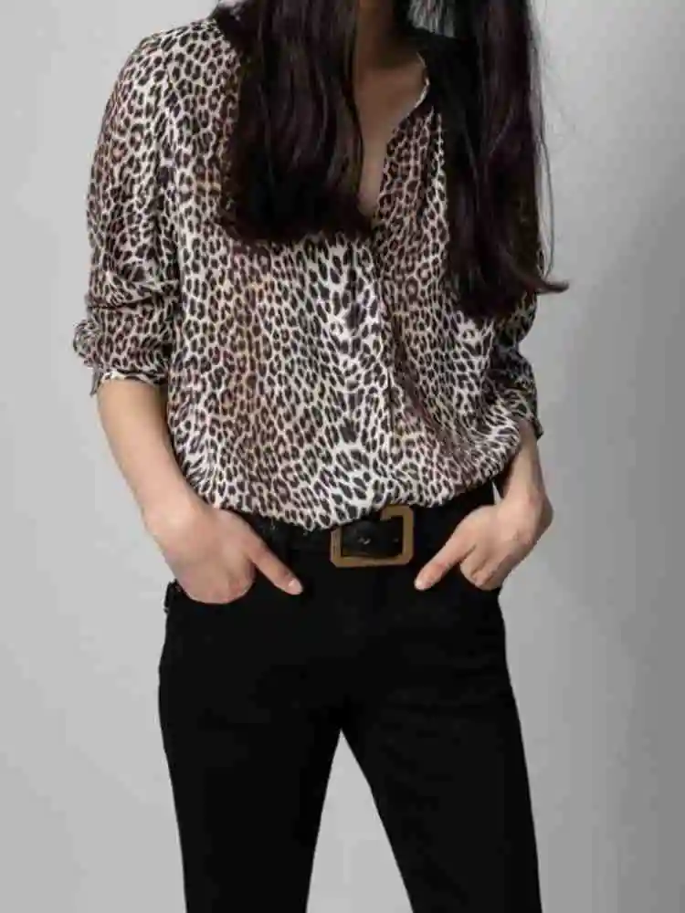 2022 Spring Summer New Leopard Print Top Long Sleeve V Neck Women Shirt