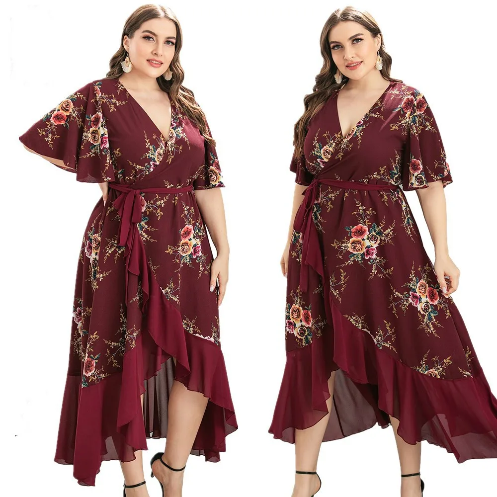 

Women Plus Size Print Dress Sexy Deep V-neck Half Sleeve Party Dress High Wiast Bandage Cascading Ruffles Elegant Dresses 5XL