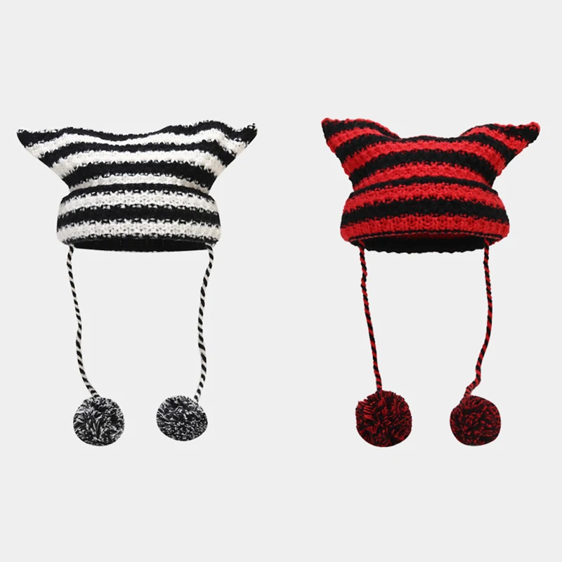 

Japanese Harajuku Pompom Beanie Hat Little Devil Striped Knitted Wool Caps Autumn Winter Kawaii Cat Ears Women Skullies Beanies